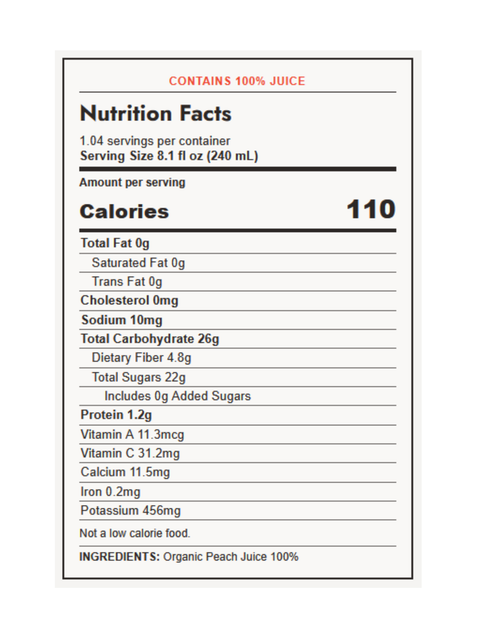 Peach Juice, Organic, Cold-Pressed, 8.4oz, Pomona, nutrition facts