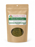 A stand-up kraft paper pouch of Higher Power Mindful Raw Foods Pesto Nori Chips, with a clear oval window showing the green chips inside.