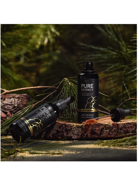 Two bottles of 'Pure Potency' on a natural background with greenery.