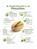 Health benefits of pistachios illustrated with a pistachio on a white background.