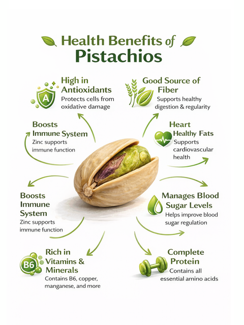 Health benefits of pistachios illustrated with a pistachio on a white background.