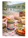 Pistachio Butter, Organic, Sprouted, 8oz, by Blue Mountain Organics on a picnic table with a lake and people in the background