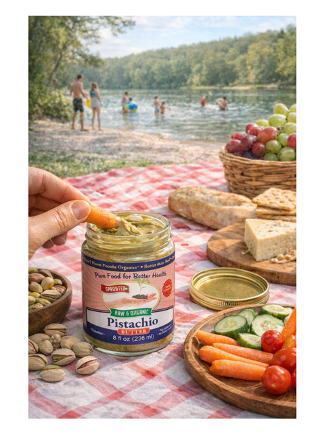 Pistachio Butter, Organic, Sprouted, 8oz, by Blue Mountain Organics on a picnic table with a lake and people in the background