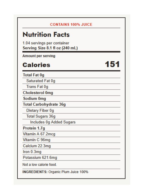 nutritional facts for Plum Juice, Organic, Cold-Pressed, 8.4oz, Pomona