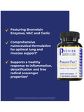Supplement bottle labeled 'PneumoVen' by Premier Research Labs with text about its ingredients and benefits on a blue background.