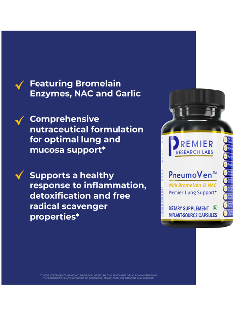 Supplement bottle labeled 'PneumoVen' by Premier Research Labs with text about its ingredients and benefits on a blue background.