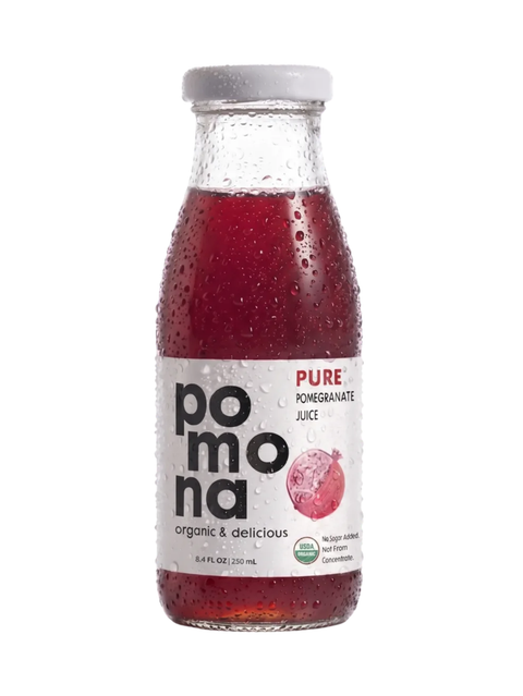 A bottle of PomoNa Pure Pomegranate Juice with a white cap and a white label featuring black and red text, set against a plain white background.