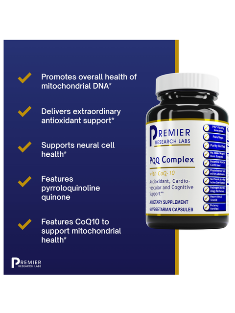 PQQ Complex with CoQ10, 60 Caps, Premier Research Labs, bottle next to the benefits
