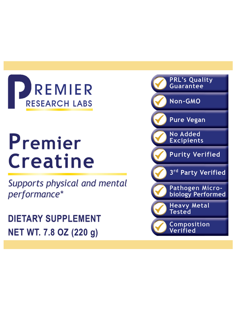 Premier Creatine supplement packaging with features listed on a white background