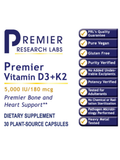 Vitamin D3+K2 supplement packaging with Premier Research Labs branding and feature list.