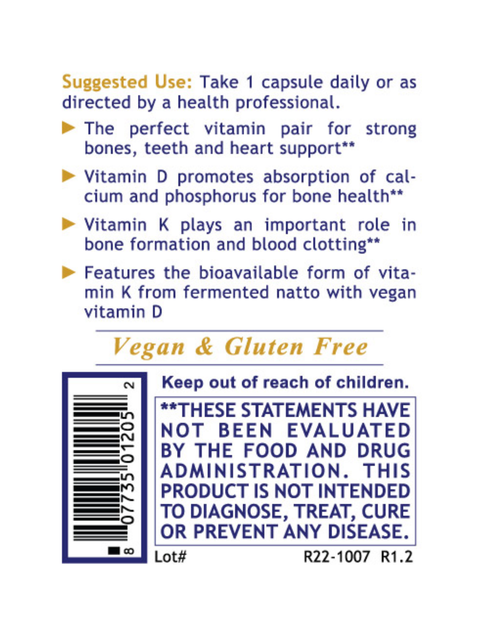 D3 + K2, Vegan, 60 Veg Caps, Premier Research Labs label with text and a barcode on a white background
