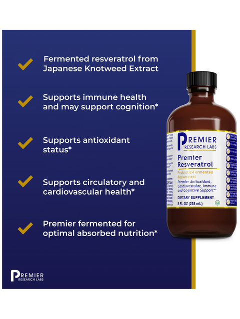 Bottle of Premier Resveratrol with product details on a blue background