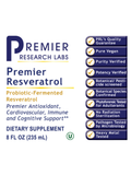 Supplement bottle label for Premier Resveratrol by Premier Research Labs with certification icons and product details.