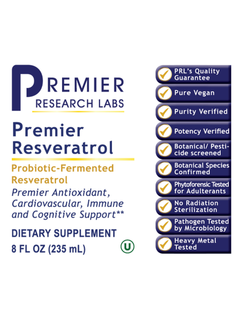 Supplement bottle label for Premier Resveratrol by Premier Research Labs with certification icons and product details.