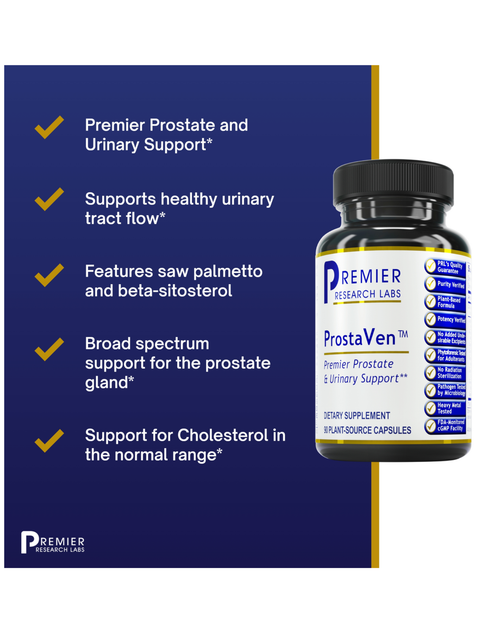 A supplement bottle labeled Premier Research Labs ProstaVen on the right, shown beside a dark blue marketing panel with white text and gold checkmarks on the left.