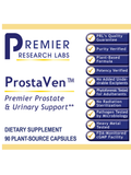 Promotional graphic for Premier Research Labs ProstaVen dietary supplement, featuring navy blue and yellow text on a white background with a list of quality and safety claims on the right.