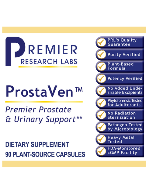 Promotional graphic for Premier Research Labs ProstaVen dietary supplement, featuring navy blue and yellow text on a white background with a list of quality and safety claims on the right.