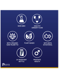 A dark blue informational graphic with white icons and text highlighting product benefits: non-GMO, healthy urinary flow, organic saw palmetto, plant based, beta sitosterol, UV resistant bottle, and prostate health. The Premier Research Labs logo appears in the bottom left.