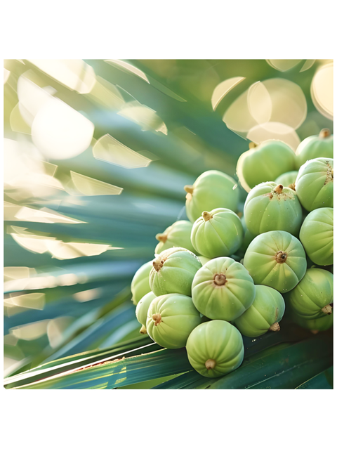A cluster of light green round fruits resting on a green palm frond, with a soft-focus tropical background and bright bokeh light.