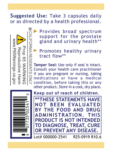 Back of a ProstaVen, 60 Veg Caps, Premier Research Labs box showing usage instructions, warnings, a barcode, and a tamper seal on a white background with pale yellow bands.