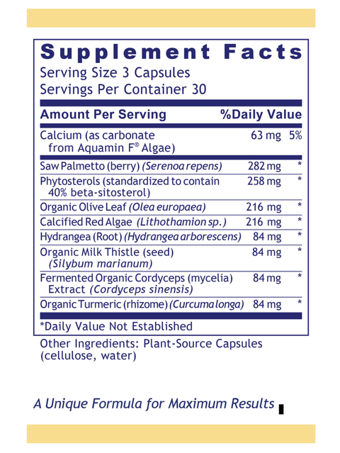 A supplement facts label showing ProstaVen, 60 Veg Caps, Premier Research Labs nutrition panel with ingredients listed under 'Supplement Facts' on a white background with navy blue text and borders.