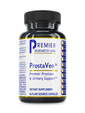 A black plastic bottle of Premier Research Labs ProstaVen dietary supplement with a black cap and a white label featuring blue and yellow text.