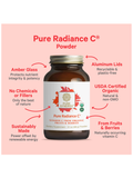 Pure Radiance C bottle with features highlighted on a pink background