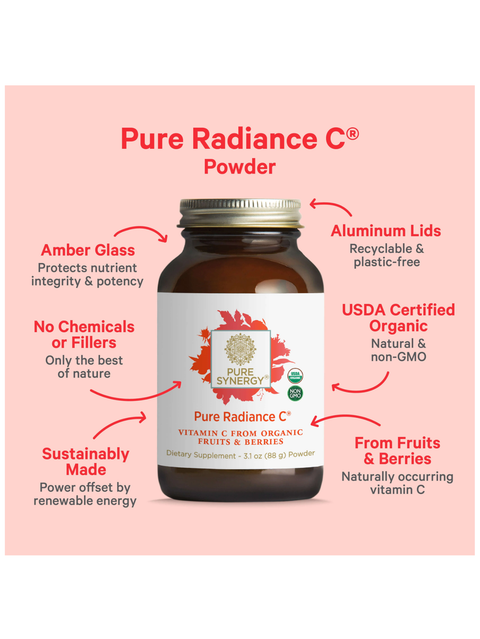 Pure Radiance C bottle with features highlighted on a pink background