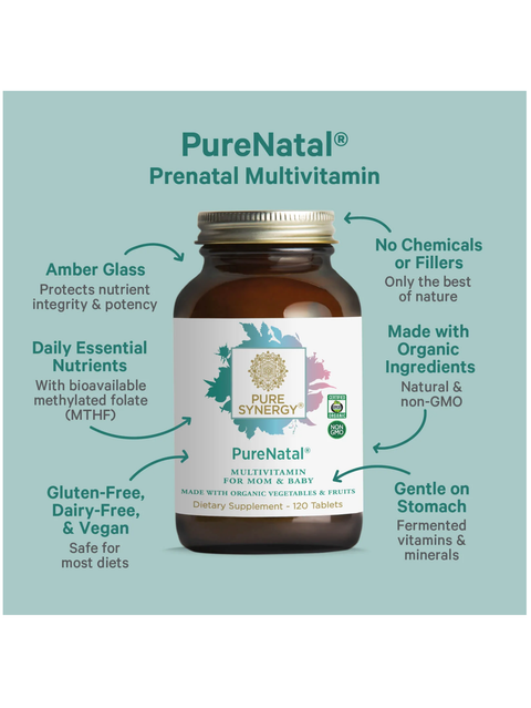 PureNatal Prenatal Multivitamin bottle with product features on a light blue background