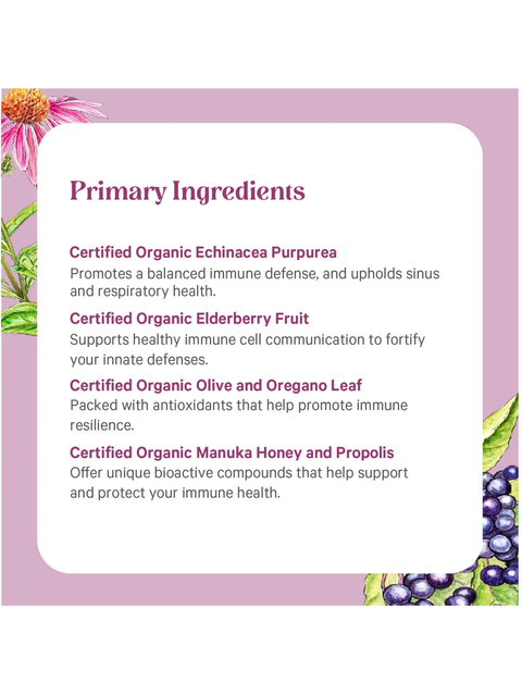 List of primary ingredients for rrapid rescue by pure synergy, with a purple border and floral elements