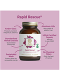 Pure Synergy Rapid Rescue supplement bottle on a pink background with features highlighted.