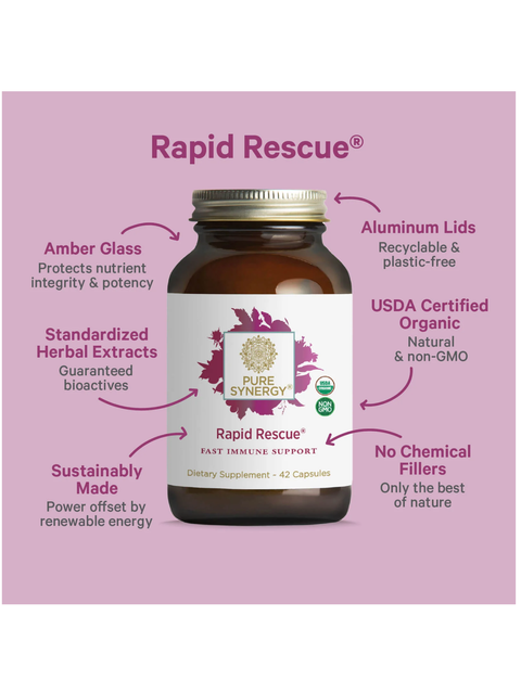 Pure Synergy Rapid Rescue supplement bottle on a pink background with features highlighted.