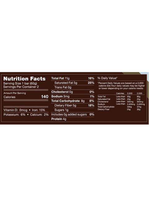 Energy Bar, Vegan Dark Chocolate, 2oz, Rawmantic, Nutrition Facts