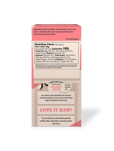 Chocolate Bark, Sour Cherry & Almond, 2.12oz, Rawmio, Back