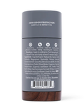 A dark gray cylindrical bottle of body odor protection spray with white text on the back label, photographed against a clean white background.