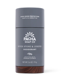 Pacha Soap Co. River Stone & Juniper Deodorant stick in a dark gray container with a brown wood-grain base, on a white background.