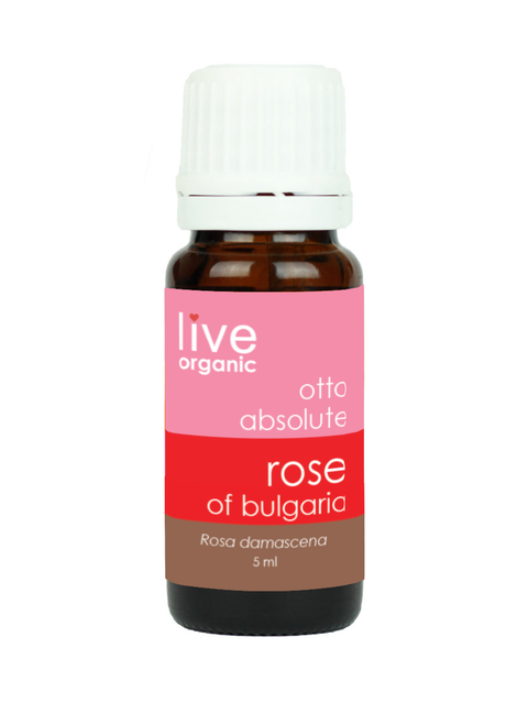 Bottle of Live Organic Rose of Bulgaria essential oil on a white background
