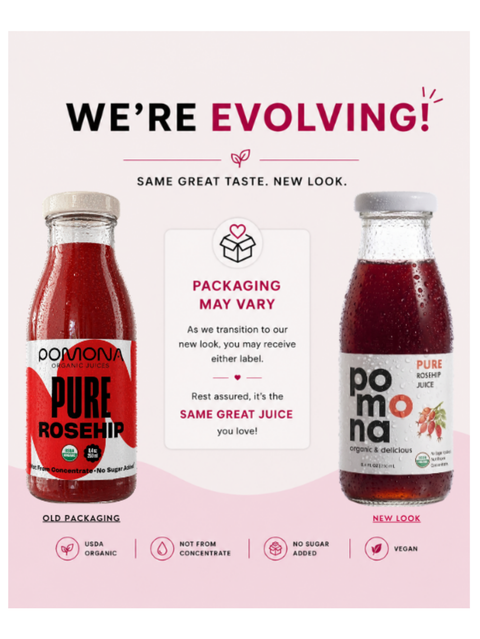 Rosehip Juice, Organic, Cold-Pressed, 8.4oz, Pomona, New packaging comparison