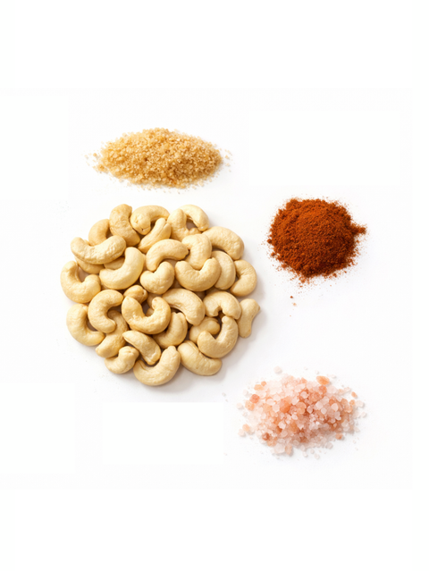 Spicy Maple Cashews, 5oz, Glaser Organic Farms, ingredients in a circle