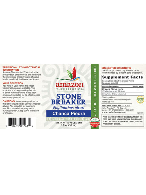 Stone Breaker, Chanca Piedra, 1 fl oz, Herbs America, Label