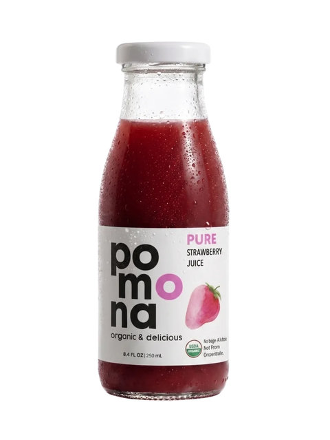 A bottle of Pomona Pure Strawberry Juice with a white cap and a white label featuring the brand name 'pomo na' and a strawberry illustration, set against a plain white background.