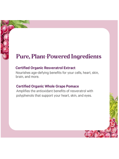 Resveratrol label with text about pure, plant-powered ingredients on a pink background with grape graphics.