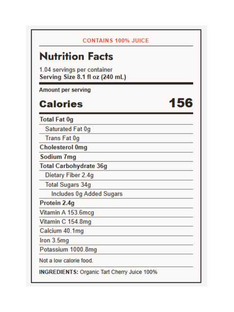 Nutrition facts label for Tart Cherry Juice, Organic, Cold-Pressed, 8.4oz, by Pomona, with 156 calories per serving