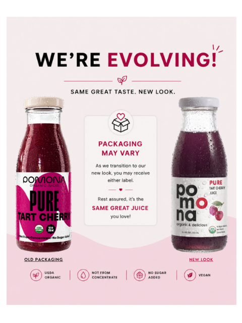 Promotional image of Pomona pure tart cherry juice with text about evolving packaging on a pink background.