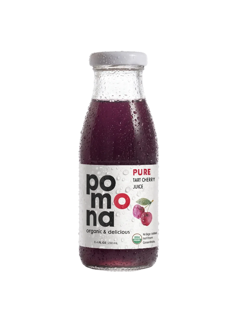 Bottle of pomona pure Tart cherry juice on a white background