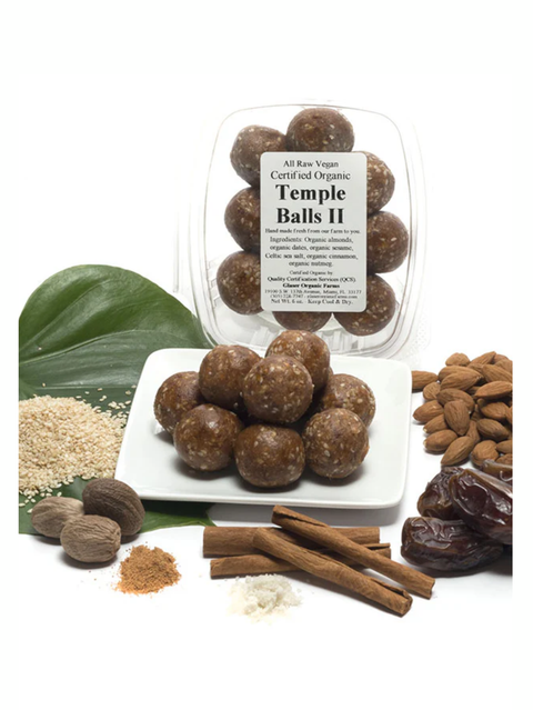 Packaged Temple Balls II with ingredients on a white background