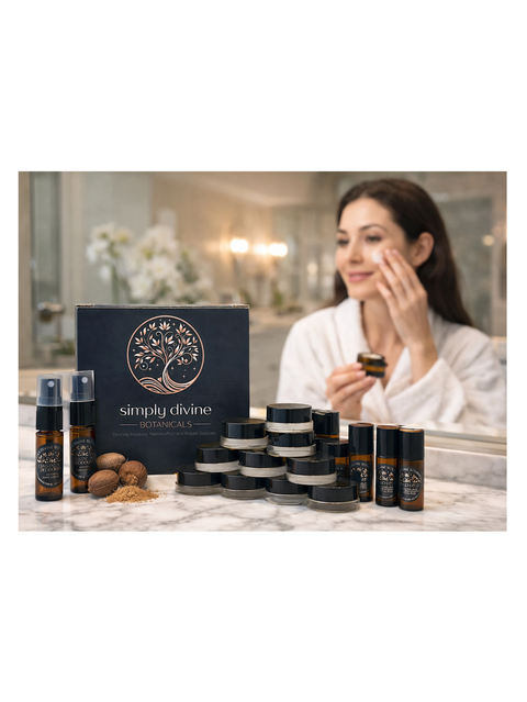 Woman applying skincare product in front of a mirror with 'Simply Divine' skincare products on a marble surface.