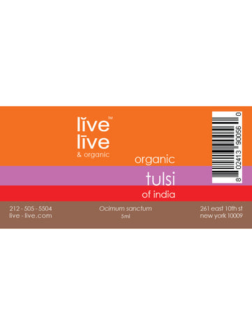 Tulsi of India Essential Oil, Ocimum sanctum, 5ml, Live Live & Organic, Label