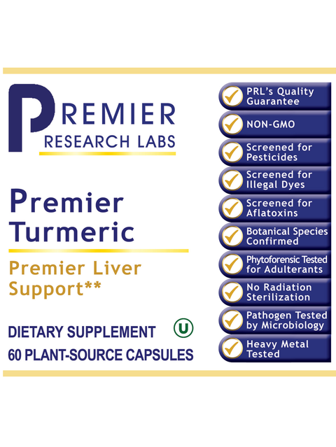 Front label of Turmeric, Premier, 60 Veg Caps, Premier Research Labs