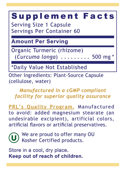 Supplement facts for Turmeric, Premier, 60 Veg Caps, Premier Research Labs